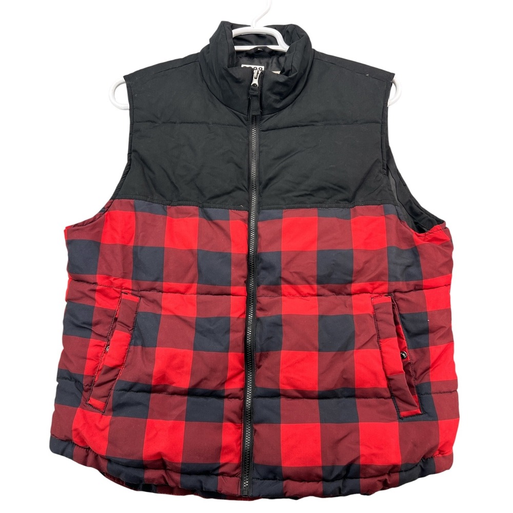 St Johns Bay Mens Puffer Vest Red Black Buffalo Plaid Full Zip Size Large